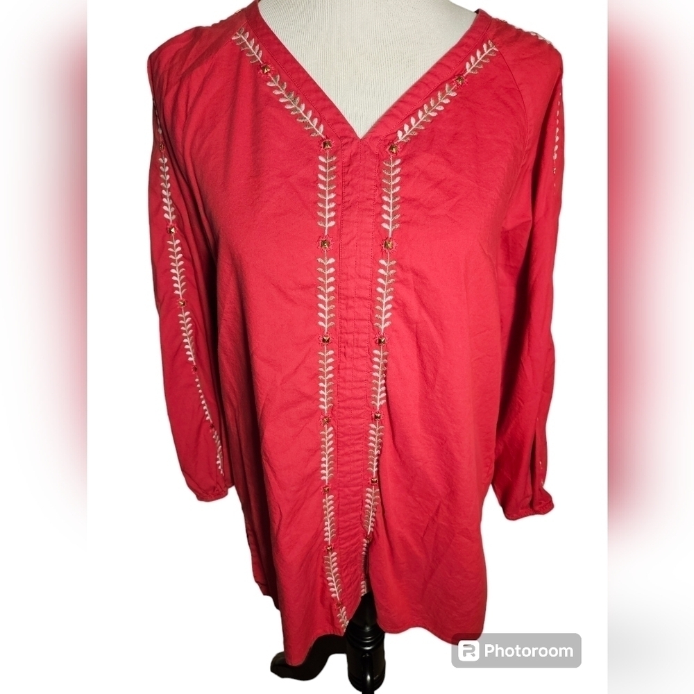 Chicos pink long sleeve embroidered top size 1.
